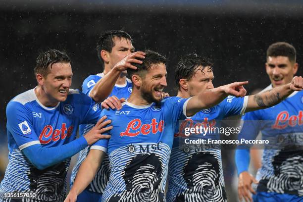 Dries Mertens of SSC Napoli celebrates with his teammates after scoring the 2-0 goal during the Serie A match between SSC Napoli and SS Lazio at...