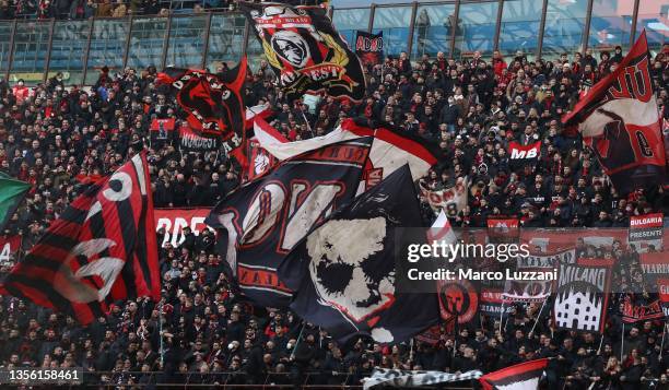 The AC Milan fans show their support before the Serie A match between AC Milan and US Sassuolo at Stadio Giuseppe Meazza on November 28, 2021 in...