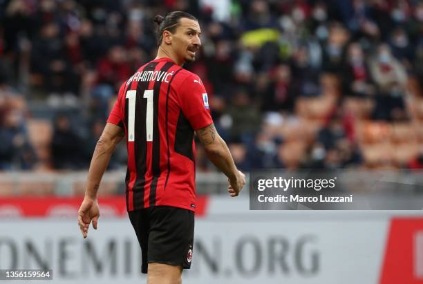 Zlatan Ibrahimovic of AC Milan looks on during the Serie A match between AC Milan and US Sassuolo at Stadio Giuseppe Meazza on November 28, 2021 in...