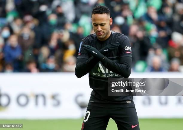 Neymar Jr of PSG celebrates his goal - a goal ultimately denied by the video assistance VAR - during the Ligue 1 Uber Eats match between AS...