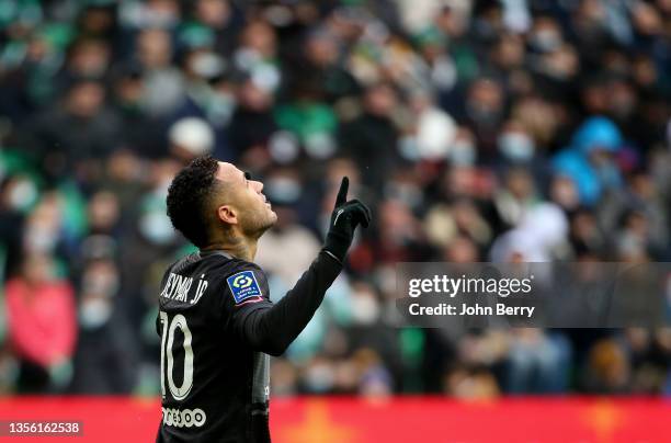 Neymar Jr of PSG celebrates his goal - a goal ultimately denied by the video assistance VAR - during the Ligue 1 Uber Eats match between AS...