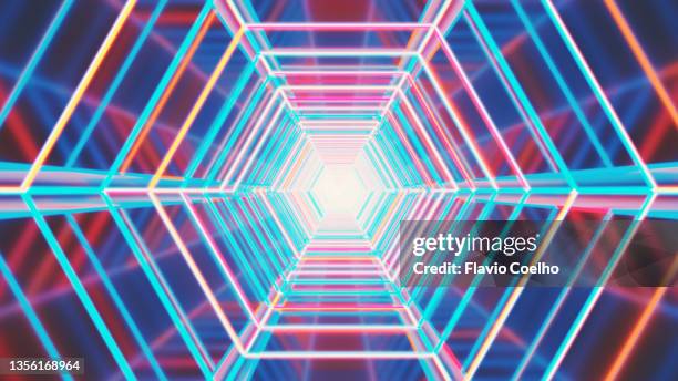 stylish 80s tunnel background with glowing neon lights in perspective - zoom effect stock pictures, royalty-free photos & images
