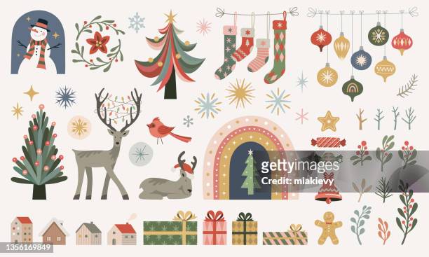 ilustraciones, imágenes clip art, dibujos animados e iconos de stock de conjunto de elementos navideños - linda rama