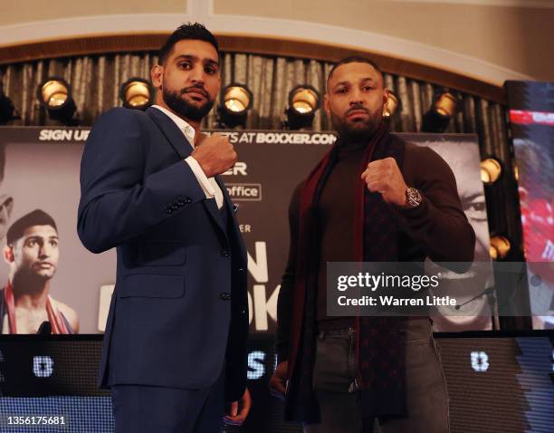 Amir Khan and Kell Brook pose for a photo as they announce an upcoming fight during a BOXXER Press Conference at Hilton Park Lane on November 29,...