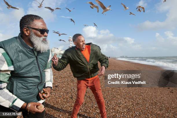 cheerful male senior friends playing with stones at beach - seulement des hommes seniors photos et images de collection