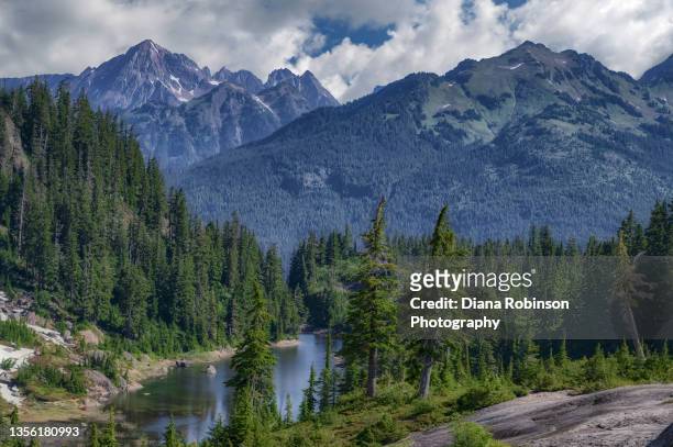 view of bagley lake in the north cascades from heather meadows in the mt. baker-snoqualmie national forest, washington state - everett stock-fotos und bilder