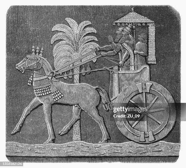 stockillustraties, clipart, cartoons en iconen met assyrian chariot, wood engraving, published in 1862 - chariot