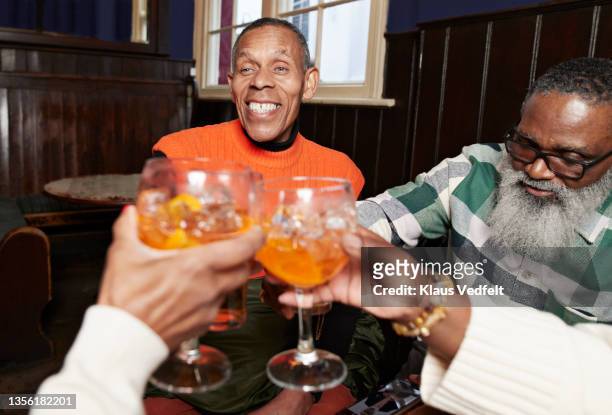 Male and female friends toasting glasses in bar