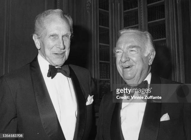 American actor Vincent Price and American journalist Walter Cronkite attend the BBC's 50th anniversary celebrations, held at the St Regis Hotel in...