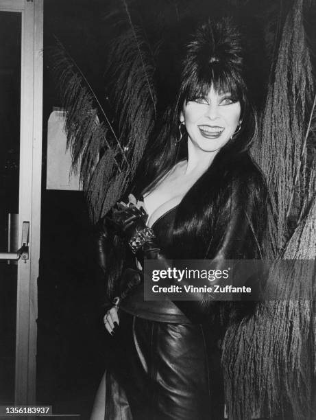 American actress Cassandra Peterson in character as 'Elvira, Mistress of the Dark', attends the inaugural Academy of Rock Music Awards, held at The...