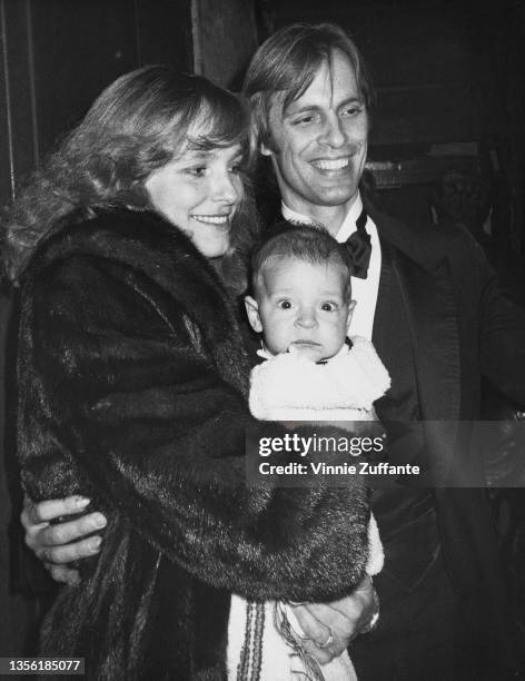 American actress Sandra Will Carradine with her husband, American actor Keith Carradine and their four-month-old son Cade, leaving the Ethel...