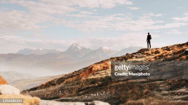 uomo in piedi sulla cima di una roccia che guarda un maestoso scenario di montagna - esplorazione foto e immagini stock