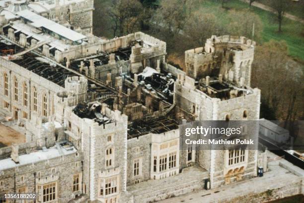 Aerial view of Windsor Castle after the fire that occured 3 days before.