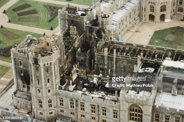 Aerial view of Windsor Castle after the fire that occured 3 days before.