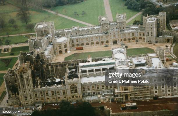 Aerial view of Windsor Castle after the fire that occured 3 days before.