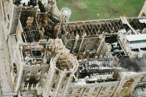 Aerial view of Windsor Castle after the fire that occured 3 days before.