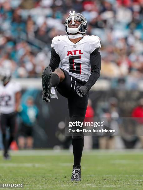 Linebacker Dante Fowler, Jr. #6 of the Atlanta Falcons does his celebration dance after making a sack during the game against the Jacksonville...