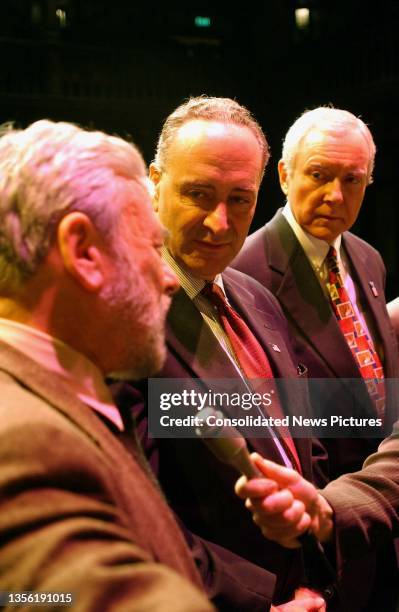 View of, from left, American composer and lyricist Stephen Sondheim and US Senators Chuck Schumer & Orrin Hatch as they introduce the 'Playwrights'...