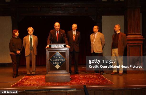 View of US Senator Chuck Schumer as he introduces the 'Playwrights' Licensing Relief Act of 2002' on Folger Shakespeare Library's Elizabethan Theatre...