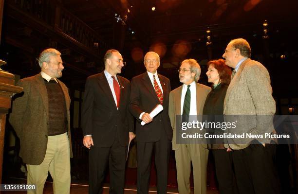 View of, from left, American composer and lyricist Stephen Sondheim , US Senators Chuck Schumer & Orrin Hatch, Dramatists Guild President John...