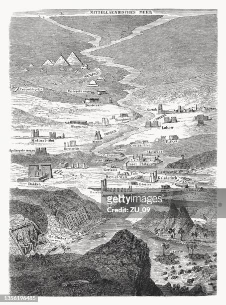 bird's eye view of ancient egypt, wood engraving, published 1862 - pyramid with eye stock illustrations