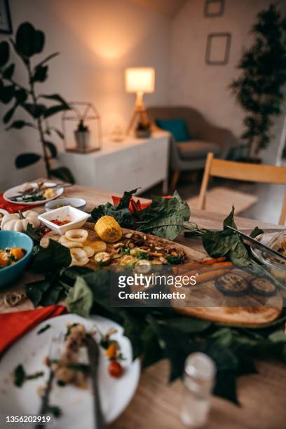 food and drinks on table at home - thanksgiving leftovers stock pictures, royalty-free photos & images