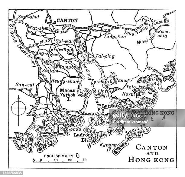 old engraved map of canton and hong kong, china - hong kong map stock pictures, royalty-free photos & images