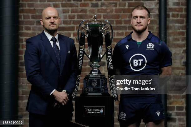 Gregor Townsend and Stuart Hogg, the Scotland head coach and captain, pose with the trophy during the launch of the 2020 Guinness Six Nations rugby...