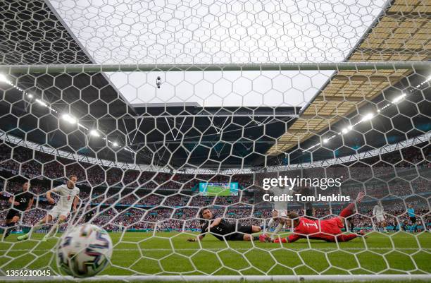 Raheem Sterling scores the 1st England goal during the England v Germany Euro 2020 round of 16 match at Wembley Stadium on June 29th 2021 in London...