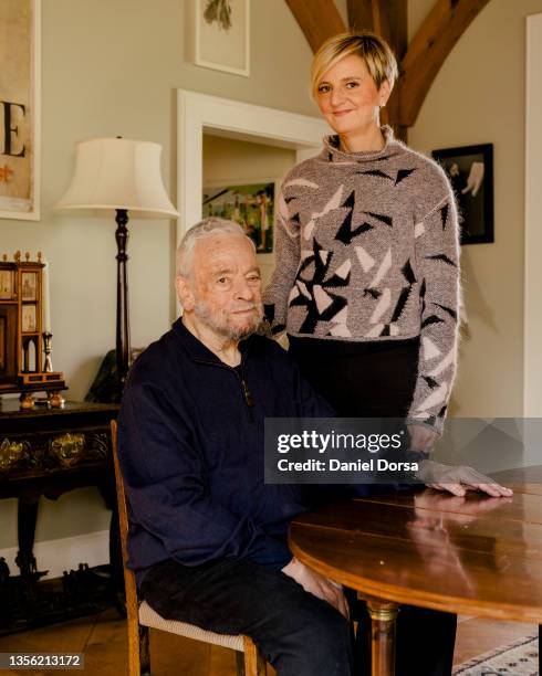 Composer and lyricist Stephen Sondheim and theater director Marianne Elliott are photographed for New York Times on November 21, 2021 in Roxbury,...