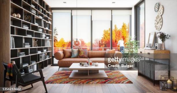 modern living room - window treatment stock pictures, royalty-free photos & images