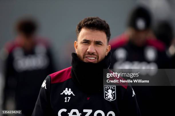 Mahmoud Trezeguet of Aston Villa in action during a training session at Aston Villa's Bodymoor Heath training ground on November 29, 2021 in...