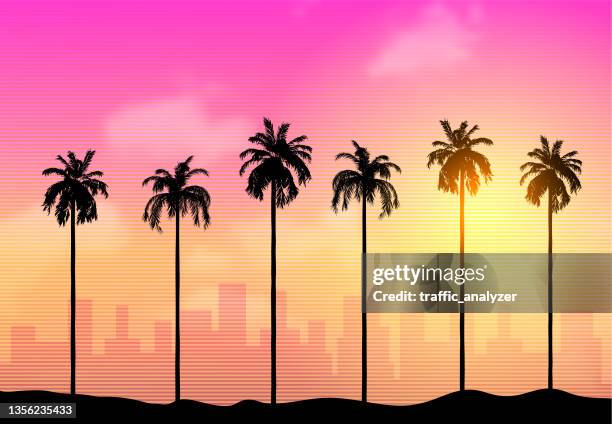 ilustraciones, imágenes clip art, dibujos animados e iconos de stock de synthwave retro background - palmeras - tall high