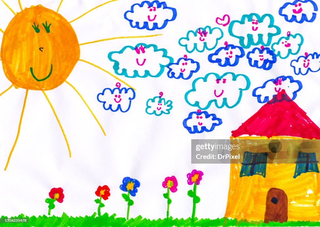 Child Drawing of a House, Happy Sun, Smiling Clouds, Grass and Flowers