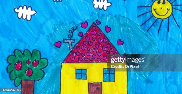 child drawing of a house, sun, clouds, apple tree and hearts - child's drawing stock pictures, royalty-free photos & images