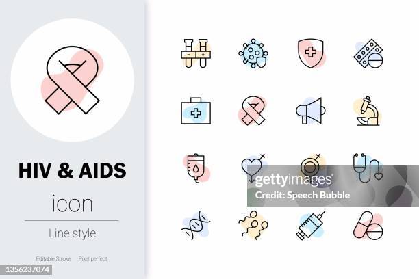 illustrazioni stock, clip art, cartoni animati e icone di tendenza di hiv & aids, set di icone vettoriali a linea sottile. - diritti riproduttivi