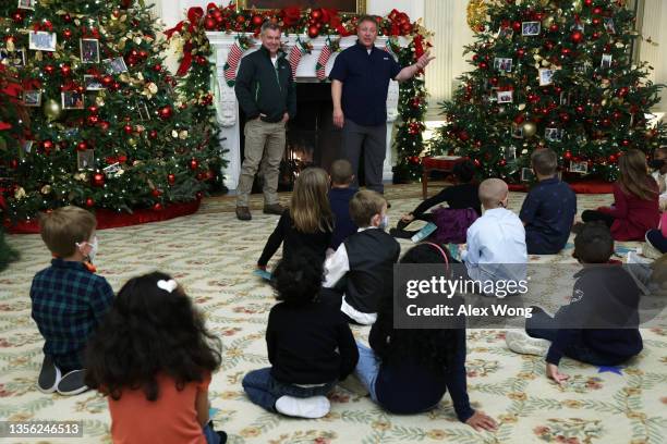 Characters Martin and Chris Kratt from the show Wild Kratts talk to a second-grade class from Malcolm Elementary School in Waldorf, Maryland, at the...