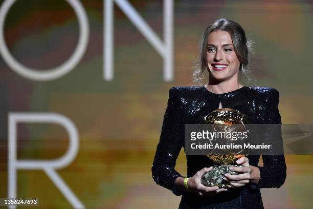 Alexia Putellas is awarded with the Ballon D'Or Trophy at the Ballon D'Or ceremony at Theatre du Chatelet on November 29, 2021 in Paris, France.