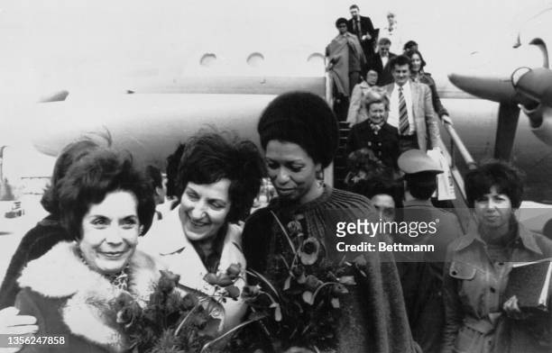 Hortensia Bussy Allende and Angela Davis arrived at Berlin Central airport to participate in the World Congress for International Women's Year to...