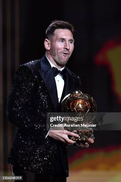 Lionel Messi is awarded with his seventh Ballon D'Or award during the Ballon D'Or Ceremony at Theatre du Chatelet on November 29, 2021 in Paris,...