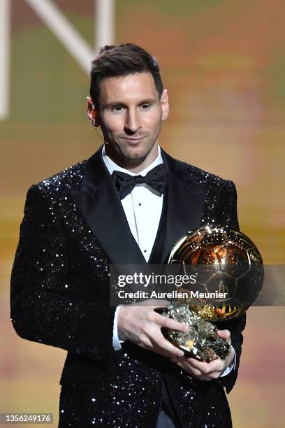 Lionel Messi is awarded with his seventh Ballon D'Or award during the Ballon D'Or Ceremony at Theatre du Chatelet on November 29, 2021 in Paris,...