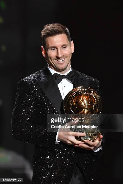 Lionel Messi is awarded with his seventh Ballon D'Or award during the Ballon D'Or Ceremony at Theatre du Chatelet on November 29, 2021 in Paris,...