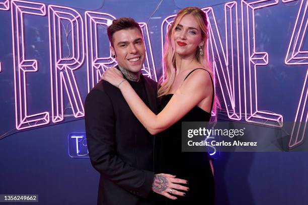 Chiara Ferragni and Fedez attend "The Ferragnez" premiere by Amazon Prime at Yelmo Luxury Palafox Luchana on November 29, 2021 in Madrid, Spain.