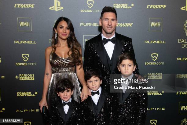 Lionel Messi, Antonella Roccuzzo, Thiago Messi, Mateo Messi Roccuzzo and Ciro Messi Roccuzzo attend the Ballon D'Or photocall at Theatre du Chatelet...