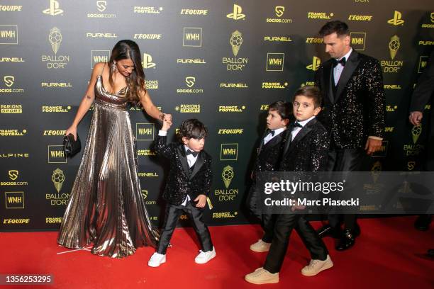 Lionel Messi, Antonella Roccuzzo, Thiago Messi, Mateo Messi Roccuzzo and Ciro Messi Roccuzzo attend the Ballon D'Or photocall at Theatre du Chatelet...