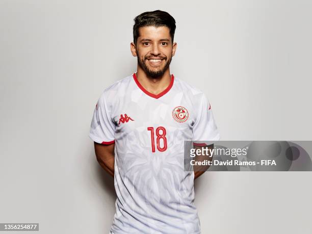 Saad Bguir of Tunisia poses during the Tunisia team presentation prior to the FIFA Arab Cup Qatar 2021 at DusitD2 Salwa Hotel on November 29, 2021 in...