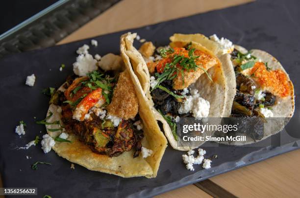 tacos de la milpa/cornfield tacos (flor de calabaza,
huitlacoche y rajas de poblano / zucchini flower, corn smut and poblano pepper strips) served with chicharrón (fried pork rind) and cheese - huitlacoche stock pictures, royalty-free photos & images