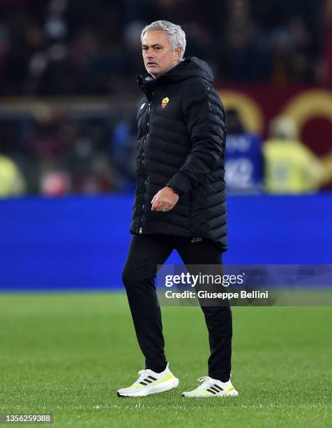 José Mário dos Santos Mourinho Félix head coach of AS Roma looks on after the Serie A match between AS Roma and Torino FC at Stadio Olimpico on...