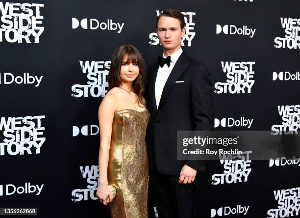 Violetta Komyshan and Ansel Elgort attend the "West Side Story" New York Premiere at Rose Theater, Jazz at Lincoln Center on November 29, 2021 in New...