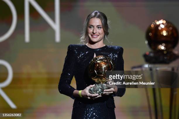 Alexia Putellas is awarded with the Ballon D'Or Trophy during the Ballon D'Or ceremony at Theatre du Chateleton November 29, 2021 in Paris, France.